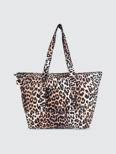 Shop Ganni Recycled Tech Fabric Tote In Leopard