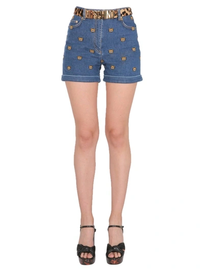 Shop Moschino Shorts With Embroidered Teddy In Denim