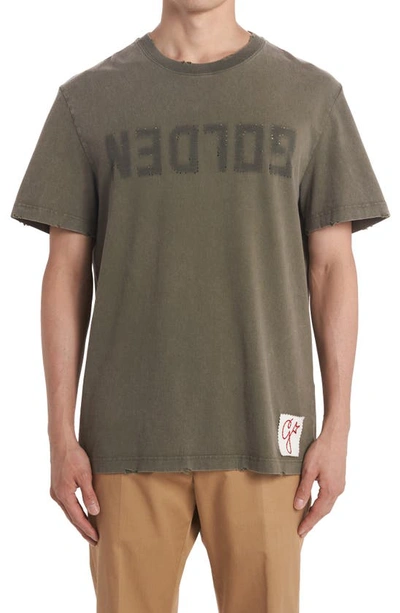 Shop Golden Goose Distressed Cotton Graphic Tee In Dusty Olive