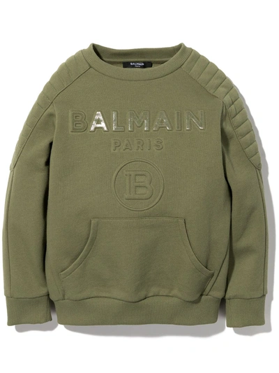 Shop Balmain Logo-embossed Cotton Sweatshirt In Green