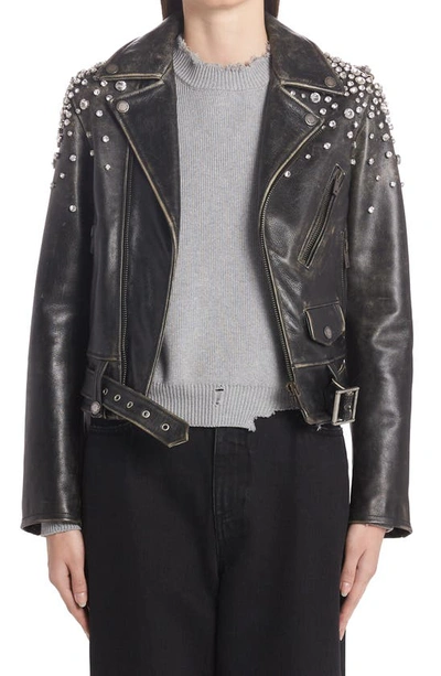 Shop Golden Goose Chiodo Destiny Crystal Embellished Leather Moto Jacket In Black
