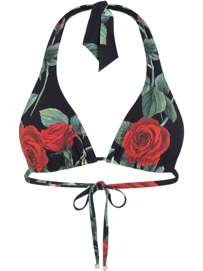 Shop Dolce & Gabbana Rose-print Triangle Bikini Top In Black