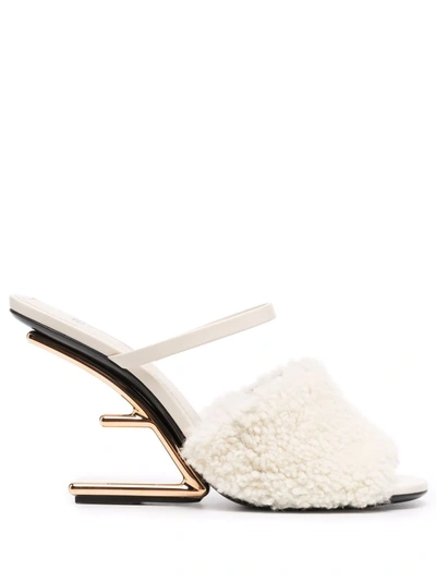 Shop Fendi First Shearling Sandals In White