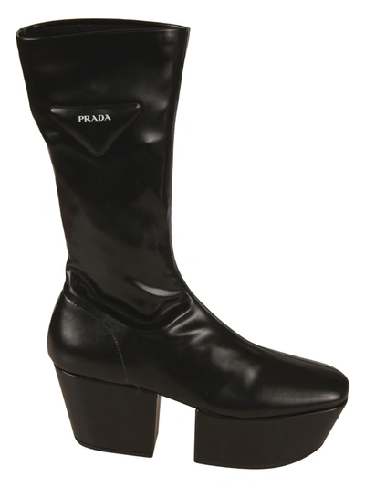 Prada Triangle Logo Platform Boots In Black | ModeSens