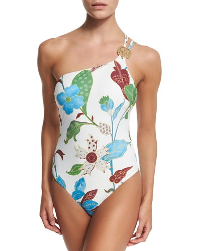 Tory Burch Wisteria One-shoulder Floral-print Swimsuit In New Ivry Wstra Lg