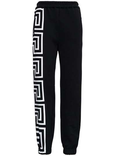 Shop Versace Black Cotton Jogger With Side Greca Print