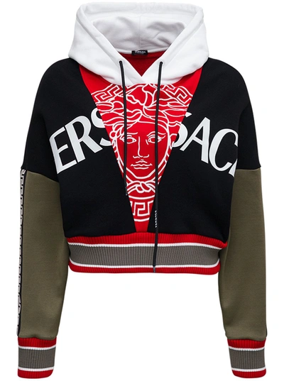 Shop Versace Cropped Color Block Cotton Hoodie With Logo And Medusa Print In Black