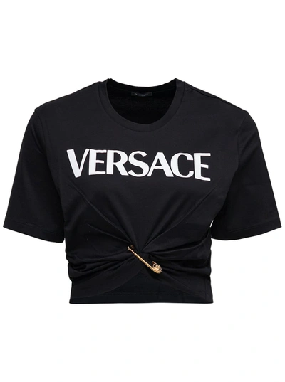 Shop Versace Cropped Cotton T-shirt With Safety Pin Logo Print In Black