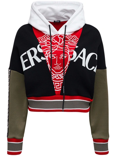 Shop Versace Cropped Color Block Cotton Hoodie With Logo And Medusa Print In Multicolor