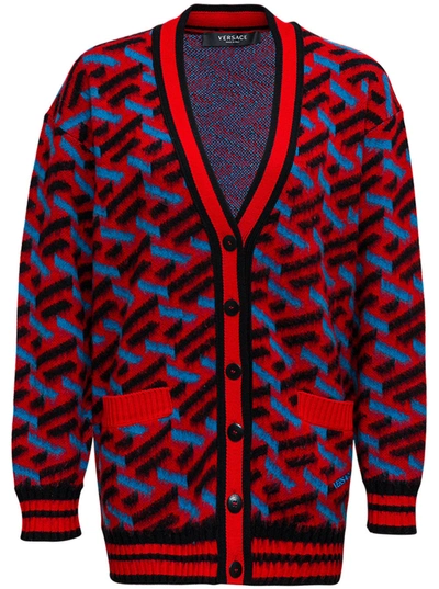 Shop Versace Multicolor Jacquard Printed Wool Cardigan In Red