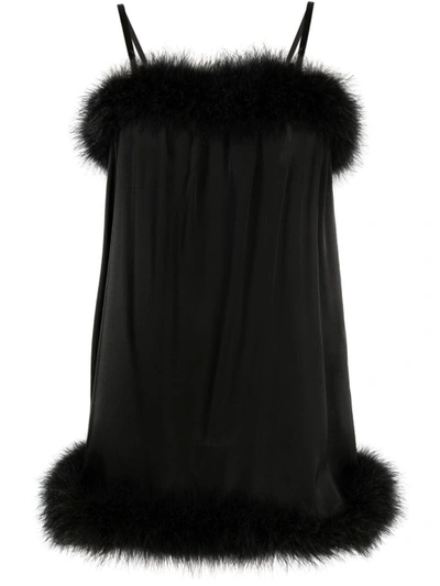 Shop Saint Laurent Black Feather-trim Satin Slip Minidress
