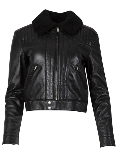Shop Saint Laurent Shearling Collar Quilted Leather Jacket Black