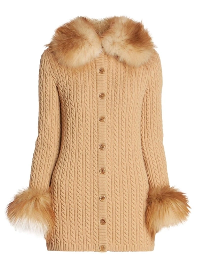 Shop Saint Laurent Fox Fur Cable Knit Cardigan Camel Brown