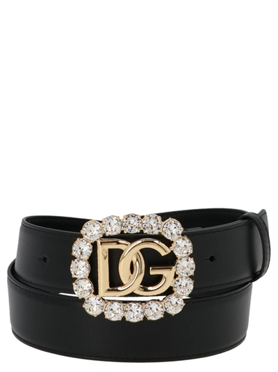 Shop Dolce & Gabbana Crystal Embellished Logo Plaque Belt In Black