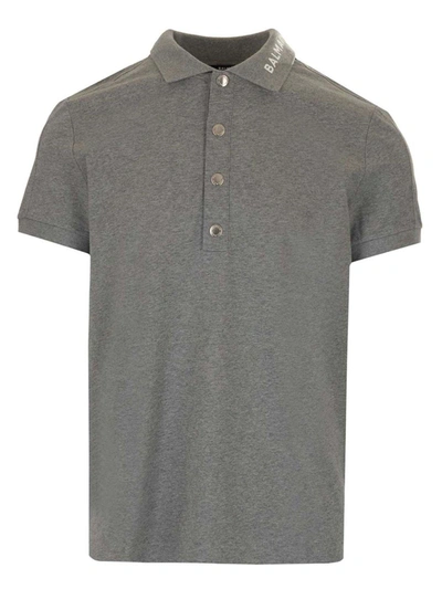 Shop Balmain Polo Shirt With Logo On The Collar In Grey