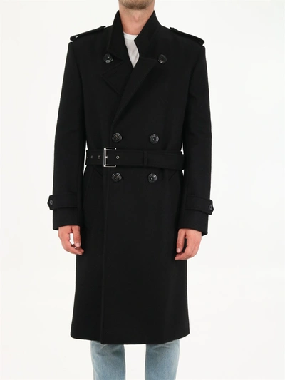 Shop Saint Laurent Double Breasted Trench Coat In Black