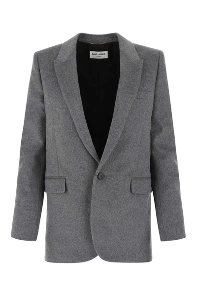Shop Saint Laurent Single Breasted Tailored Blazer In Grey
