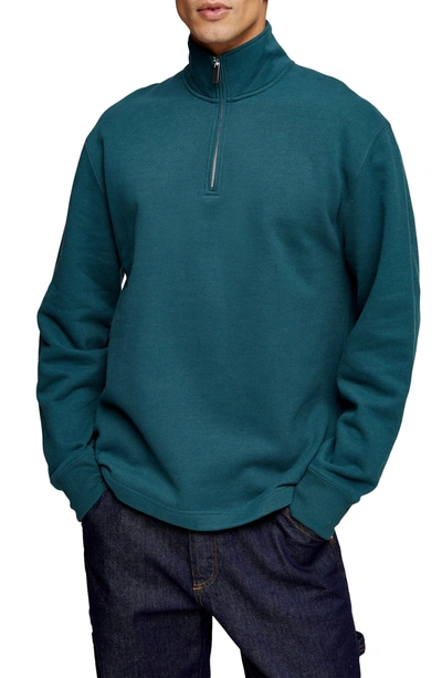 Shop Topman Quarter-zip Cotton Blend Sweatshirt In Dark Green