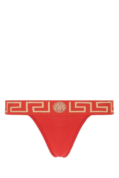 Shop Versace Greca Waistband Thong In Red