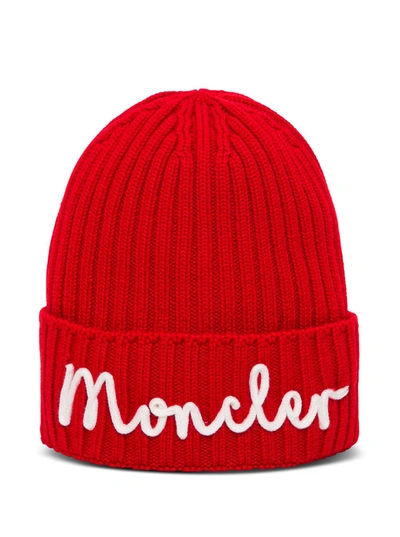 Shop Moncler Enfant Logo Embroidered Beanie In Red