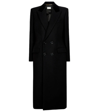 Saint Laurent Wool Blend Gabardine Long Coat In Noir
