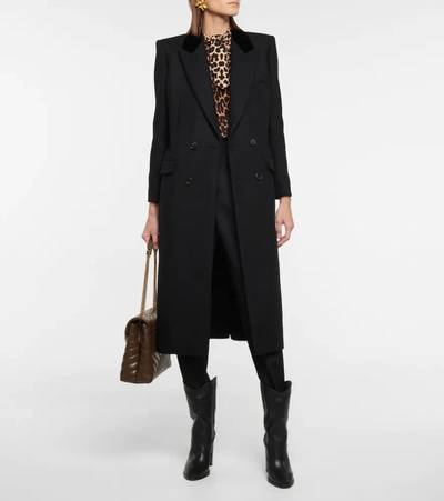 Saint Laurent Wool Blend Gabardine Long Coat In Noir