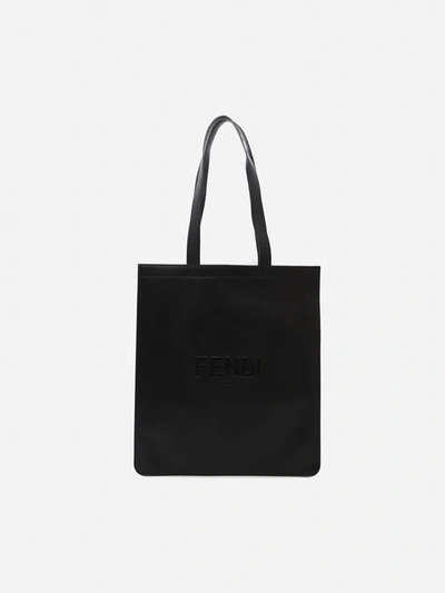 Shop Fendi Leather Shopping Bag With Tone-on-tone Embossed Logo In Black