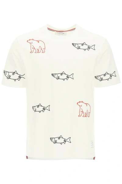 Shop Thom Browne Bear And Salmon Embroidered T-shirt In Mixed Colours