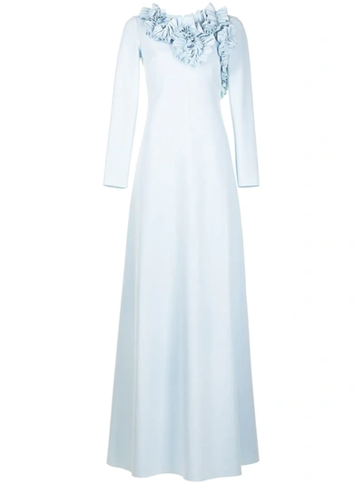 Shop Greta Constantine Ruffle-detailing Long-sleeve Gown In Blue