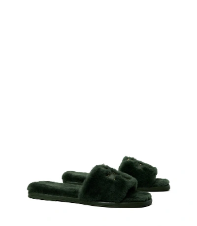 Shop Tory Burch Double T Shearling Slide In Militare / Gold