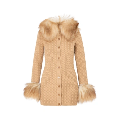 Shop Saint Laurent Wool Cardigan With Fur Details Sweater In Nude &amp; Neutrals