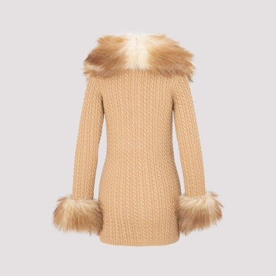 Shop Saint Laurent Wool Cardigan With Fur Details Sweater In Nude &amp; Neutrals