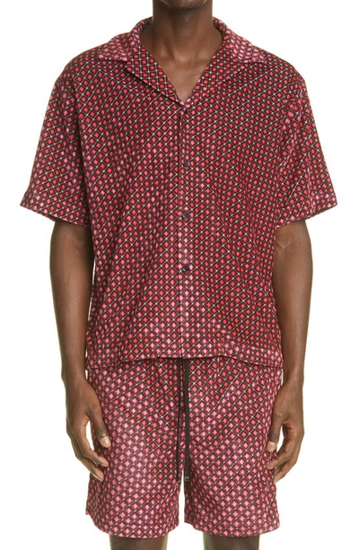 Shop Amiri Diamond Pattern Short Sleeve Button-up Velour Shirt In Pink