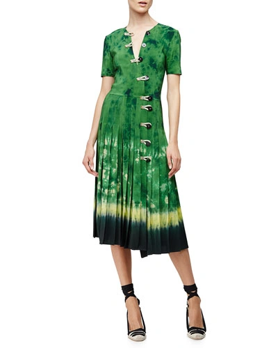 altuzarra green tie dye dress Half-sleeve Asymmetric-button Tie-dye Dress, Ceramic Mock Neck