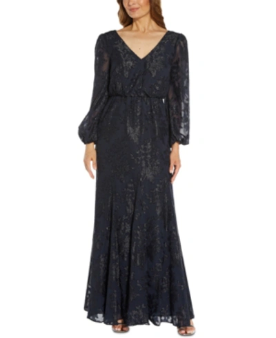 Shop Adrianna Papell Adrainna Papell Metallic Burnout V-neck Gown In Light Navy