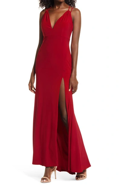 Shop Jump Apparel V-neck Side Slit Jersey Gown In Red