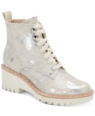 Shop Dolce Vita Hinto Lace-up Wedge Combat Booties Women's Shoes In Silver Metallic Calf Hair