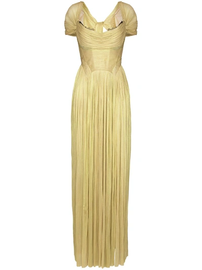 Shop Maria Lucia Hohan Sharon Short-sleeve Pleated Gown In Nude