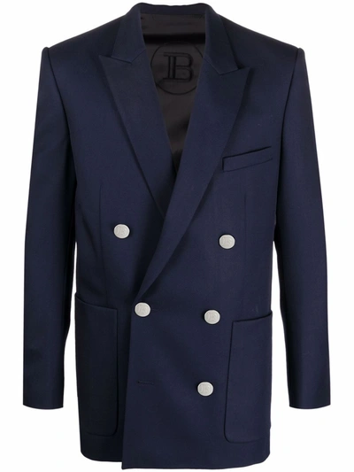 Shop Balmain Peak-lapel Double-breasted Blazer In Blau