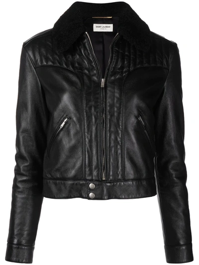 Shop Saint Laurent Cropped Leather Jacket In Schwarz