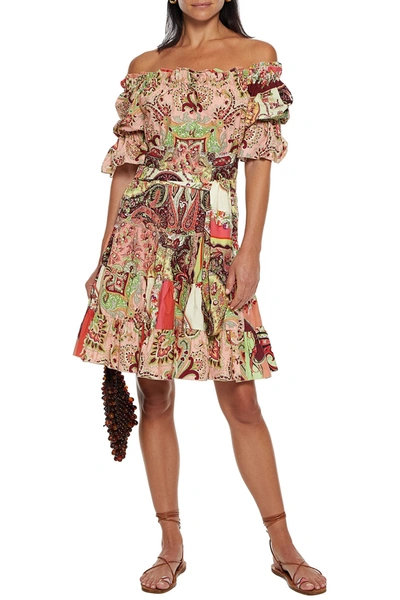 Shop Etro Off-the-shoulder Tiered Printed Cotton-poplin Dress In Multicolor