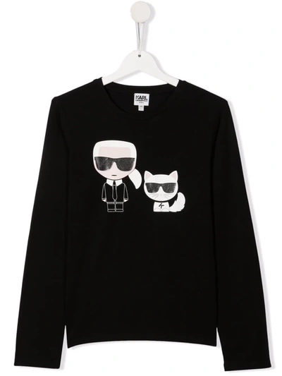 Shop Karl Lagerfeld Teen Karl & Choupette Print T-shirt In 黑色