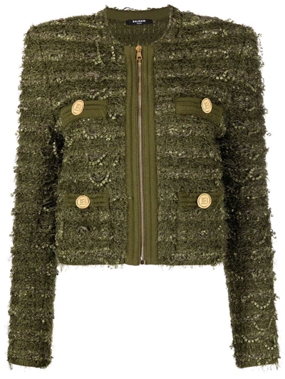 Shop Balmain Buttoned Tweed Jacket In 绿色