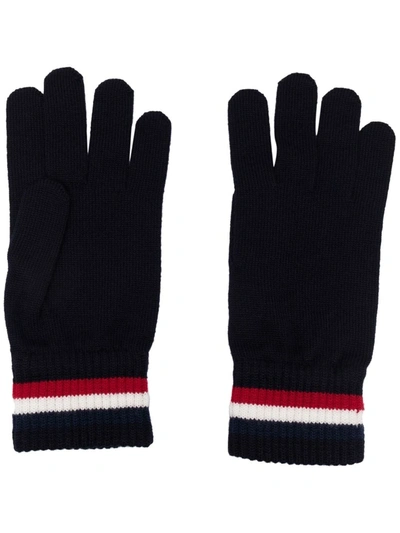 Shop Moncler Logo-stripe Knit Gloves In 蓝色