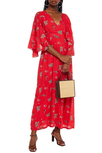 Shop Antik Batik Houla Tie-back Embroidered Voile Maxi Dress In Tomato Red