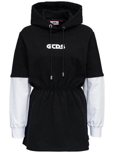 Shop Gcds Black And White Cotton Dress With Logo Print