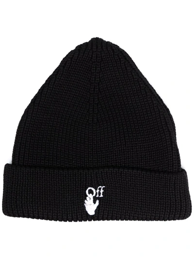 Shop Off-white Hands Off Ribbed-knit Beanie In Schwarz