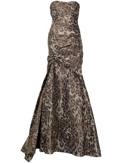 Shop Monique Lhuillier Cold-shoulder Leopard Print Gown In Braun