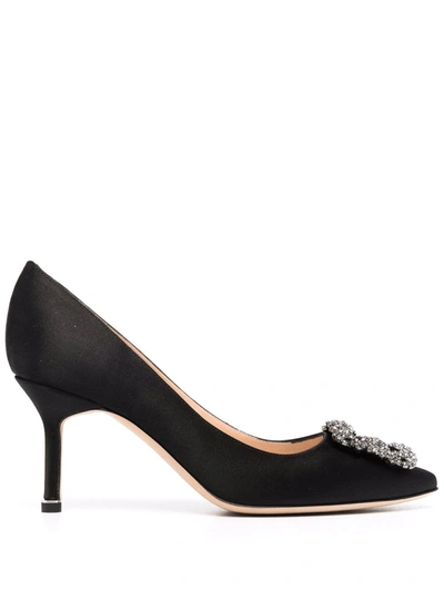 Shop Manolo Blahnik Hangisi 70 Buckle-embellished Satin Pumps In Schwarz