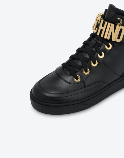Moschino Logo Plaque Leather High Top Sneakers - Men's - Rubber/leather In  Black | ModeSens
